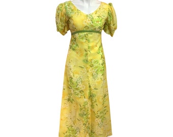 Vintage 1960's Yellow Empire Waist Maxi Dress Floral Puff Sleeves Regencycore Possibly Homemade- Small
