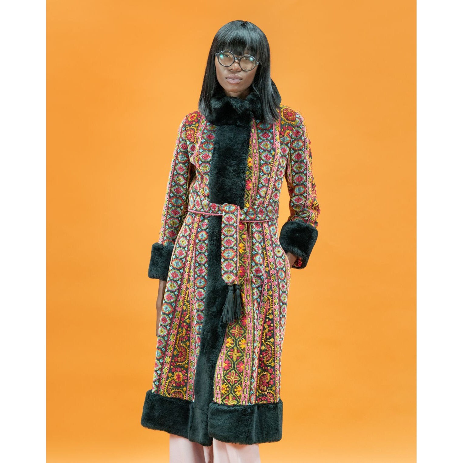 1970s Tapestry Coat with Large Fur Collar