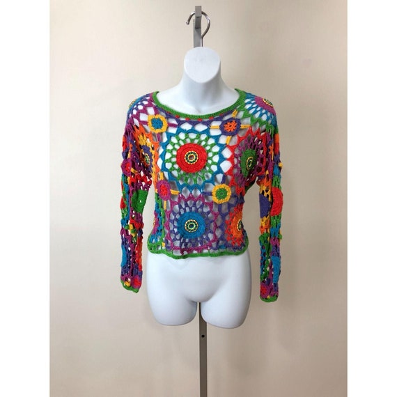 1990s BoHo Hippie Beaded Crochet Crop Sweater