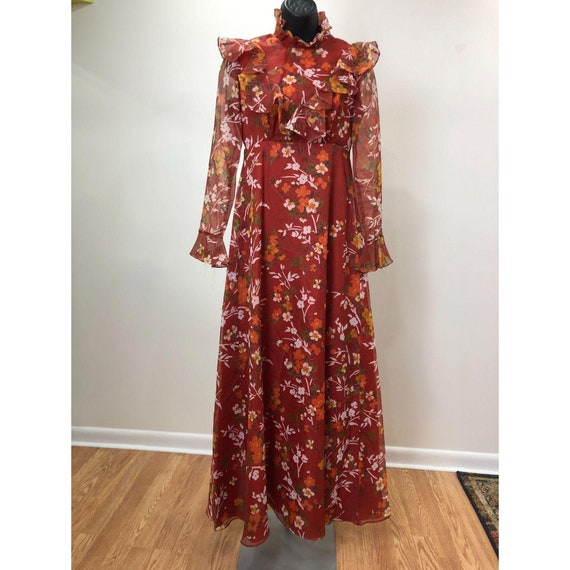 Vintage 1960s Floral Rust Prairie Lined Maxi Dress