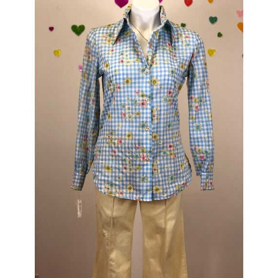 1970s Haymaker Gingham Floral Embellished Blouse