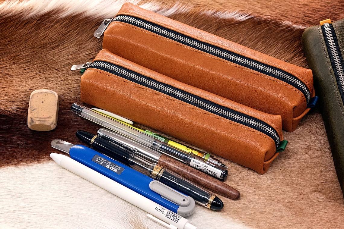 Custom Leather Zipped Pen Pouch Pen Case Stationary Bag Large Etsy