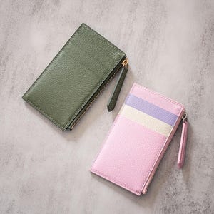 Tarjetero minimalista de piel de chèvre hecho a mano con cremallera / Listo para usar