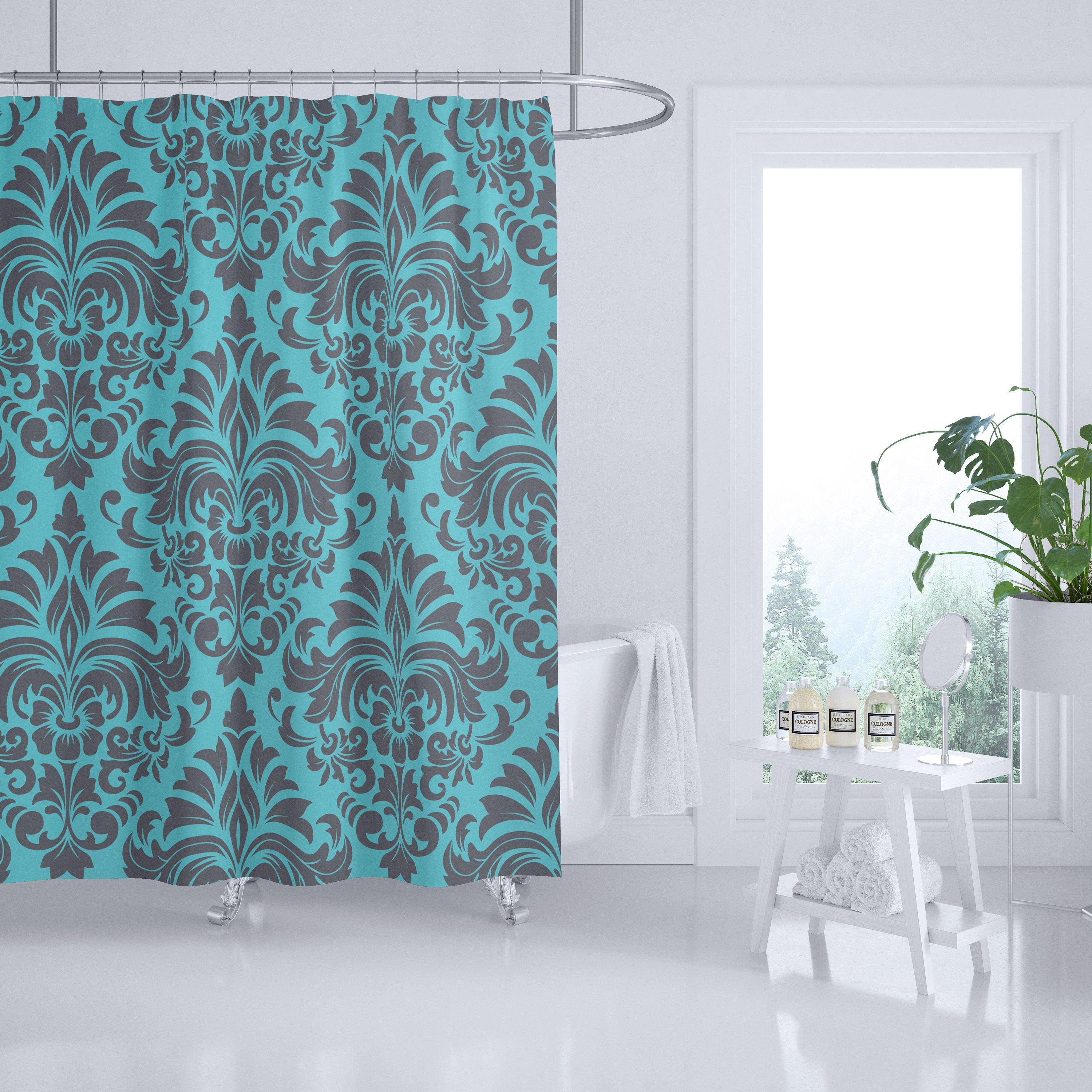Damask Shower Curtain Aqua Damask Vintage Glam Shower Etsy