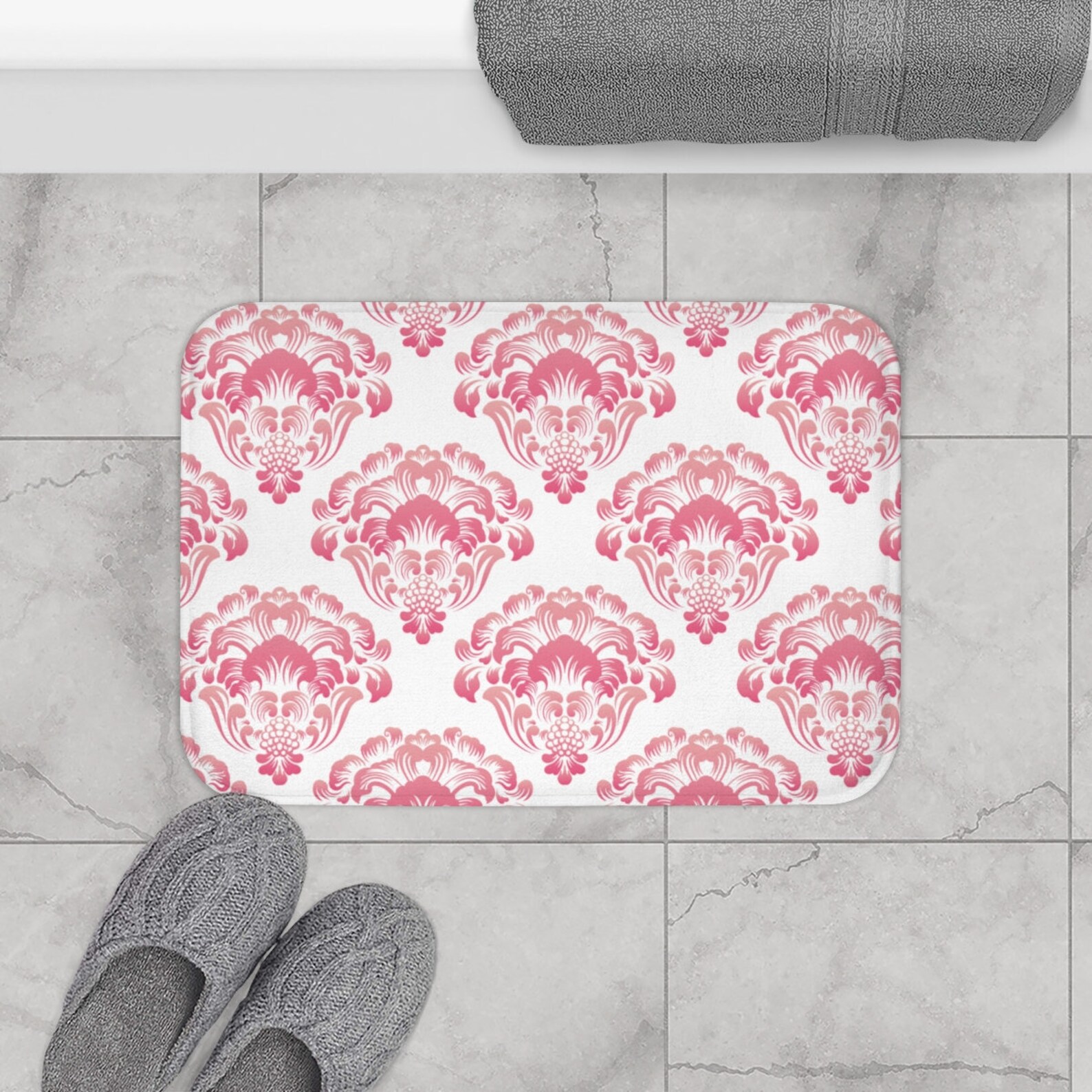 Pink Damask Bath Mat Vintage Bath Rug Traditional Bath Mat Etsy