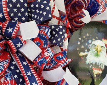 patriotic eagle wreath, front porch wreath, front Large patriotic wreath,  lots of ribbon