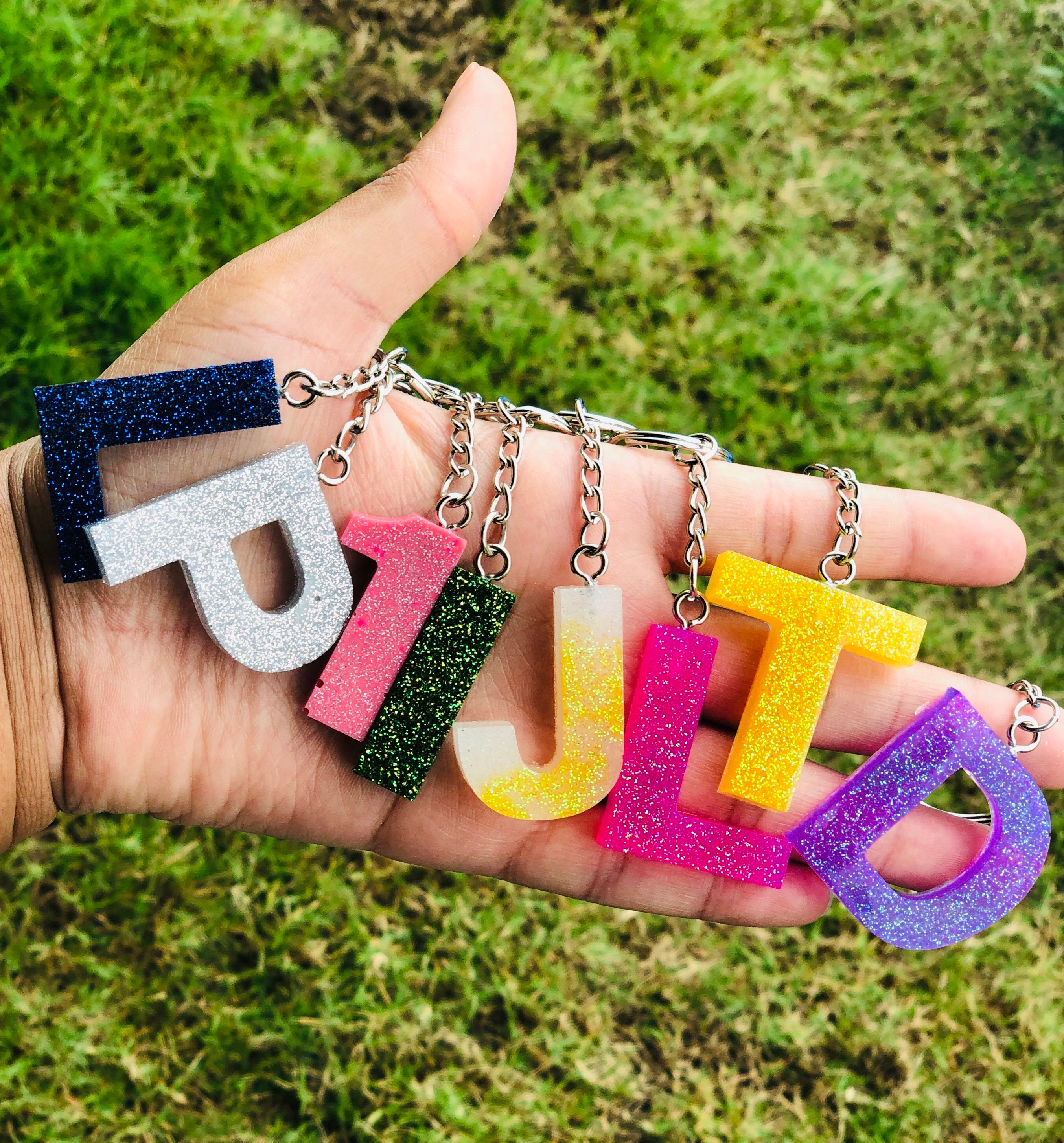 Glitter Initial Key Chain Resin Keychain Personalized Etsy