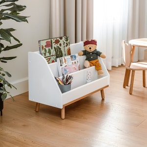 Étagère en bois pour enfants, étagère blanche avec espace de rangement caché