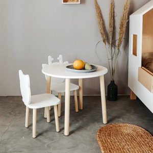Activity table for toddler, montessori table chair set for kids, wooden round table, animal chairs, white nursery furniture, kids furniture