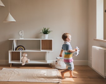 Kids storage furniture - white modern montessori book and toy shelf for toddler