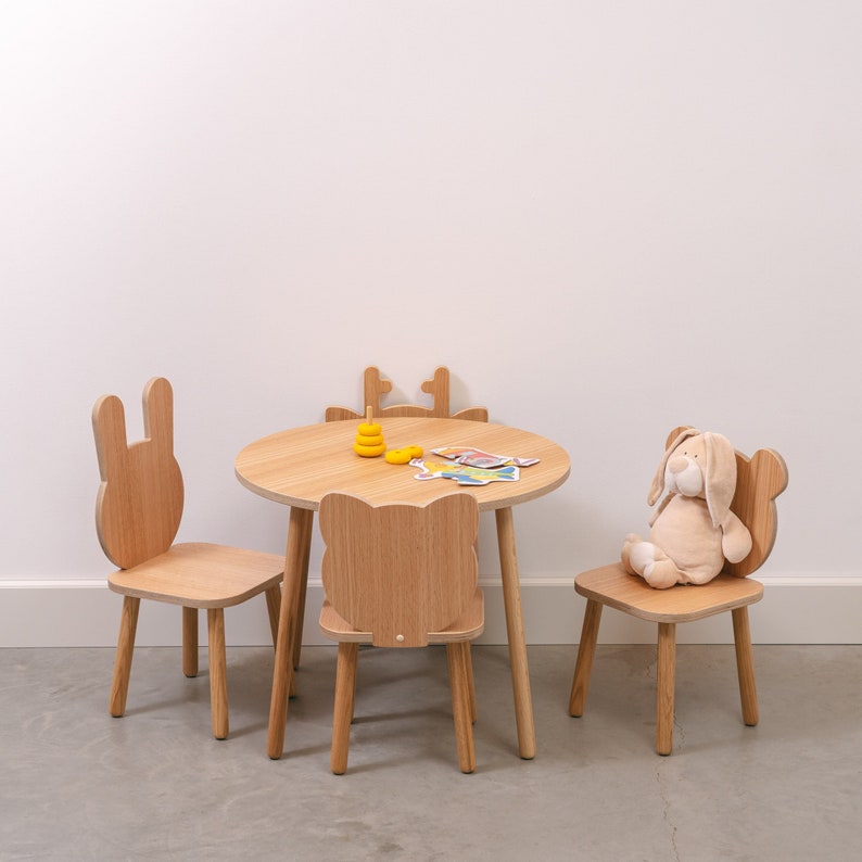 May include: A wooden children's table and chairs set with a light brown finish. The table has a round top and three legs. The chairs have bunny-shaped backs and four legs. A stuffed bunny sits on one of the chairs.