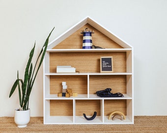 Grande maison de poupée, étagère en forme de maison, étagères Montessori blanches, meubles pour bébés en bas âge, rangement de jouets pour enfants, étagère pour enfants, forme de maison