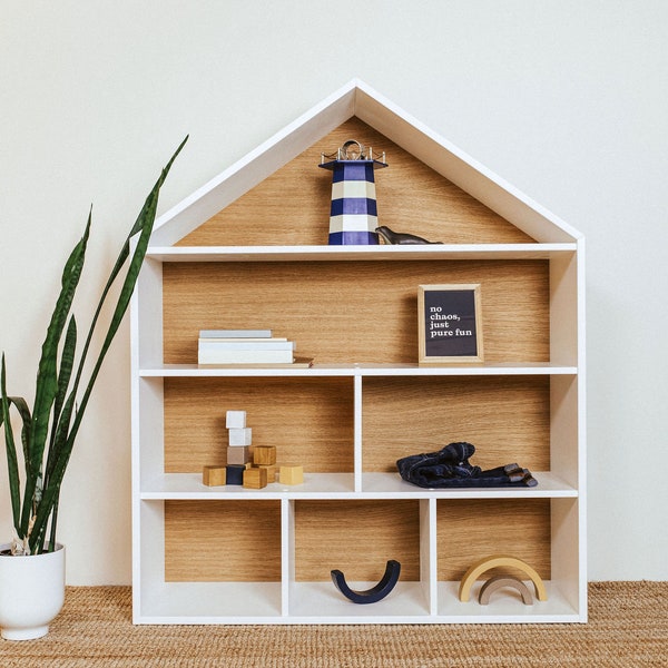 Big dollhouse, House shaped shelf, white Montessori shelves, toddler baby furniture, kids toys storage, kid bookshelf, house shape