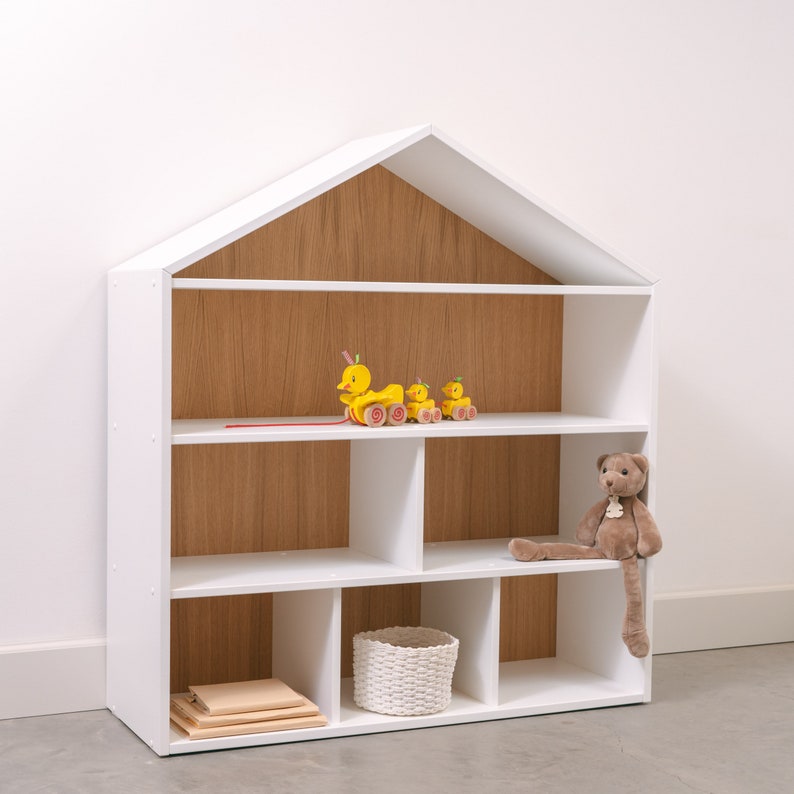Big dollhouse, House shaped shelf, white Montessori shelves, toddler baby furniture, kids toys storage, kid bookshelf, house shape image 5