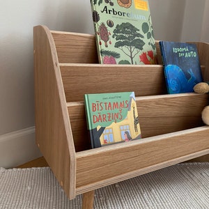 Puede incluir: Una estanter&iacute;a de madera con tres estantes, que presenta tres libros para ni&ntilde;os. El estante superior tiene un libro titulado "Arboretum" con ilustraciones de &aacute;rboles y plantas. El estante del medio tiene un libro titulado "Izdome Sev Auto" con una ilustraci&oacute;n de una ballena azul. El estante inferior tiene un libro titulado "Bistamais Darzins" con una ilustraci&oacute;n colorida de una casa y un jard&iacute;n.