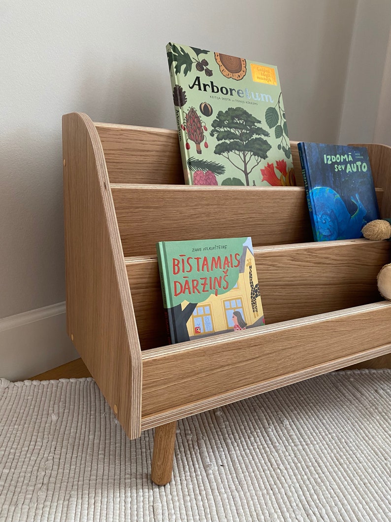 Puede incluir: Una estanter&iacute;a de madera con tres estantes, que presenta tres libros para ni&ntilde;os. El estante superior tiene un libro titulado "Arboretum" con ilustraciones de &aacute;rboles y plantas. El estante del medio tiene un libro titulado "Izdome Sev Auto" con una ilustraci&oacute;n de una ballena azul. El estante inferior tiene un libro titulado "Bistamais Darzins" con una ilustraci&oacute;n colorida de una casa y un jard&iacute;n.