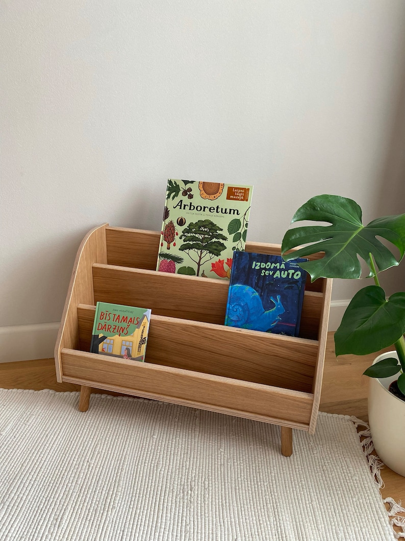 Puede incluir: Una estanter&iacute;a de madera con tres estantes, con tres libros para ni&ntilde;os. El estante superior tiene un libro titulado "Arboretum" con una cubierta verde e ilustraciones de &aacute;rboles. El estante del medio tiene un libro titulado "Izdoma sev auto" con una cubierta azul e ilustraciones de un caracol. El estante inferior tiene un libro titulado "Bistamals darzins" con una cubierta roja e ilustraciones de una casa. La estanter&iacute;a est&aacute; sobre una alfombra blanca.