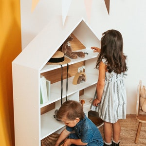 Big dollhouse, House shaped shelf, white Montessori shelves, toddler baby furniture, kids toys storage, kid bookshelf, house shape image 3