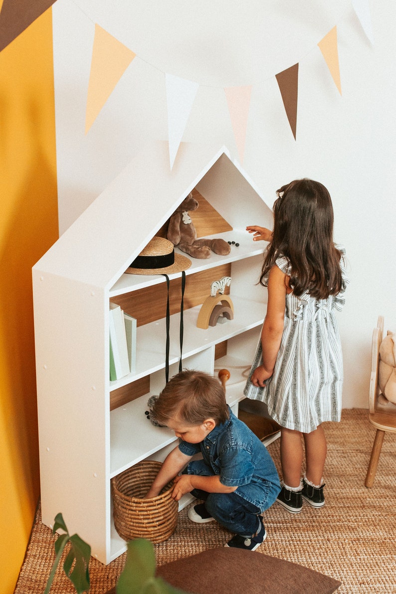 Big dollhouse, House shaped shelf, white Montessori shelves, toddler baby furniture, kids toys storage, kid bookshelf, house shape image 3