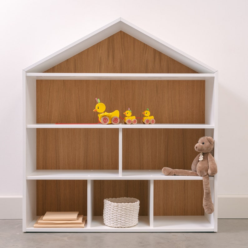 Big dollhouse, House shaped shelf, white Montessori shelves, toddler baby furniture, kids toys storage, kid bookshelf, house shape image 4