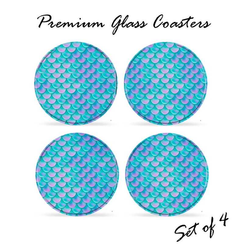 Mermaid Tail Scales Premium Glass Coasters with frosted edges Individual or set of 4