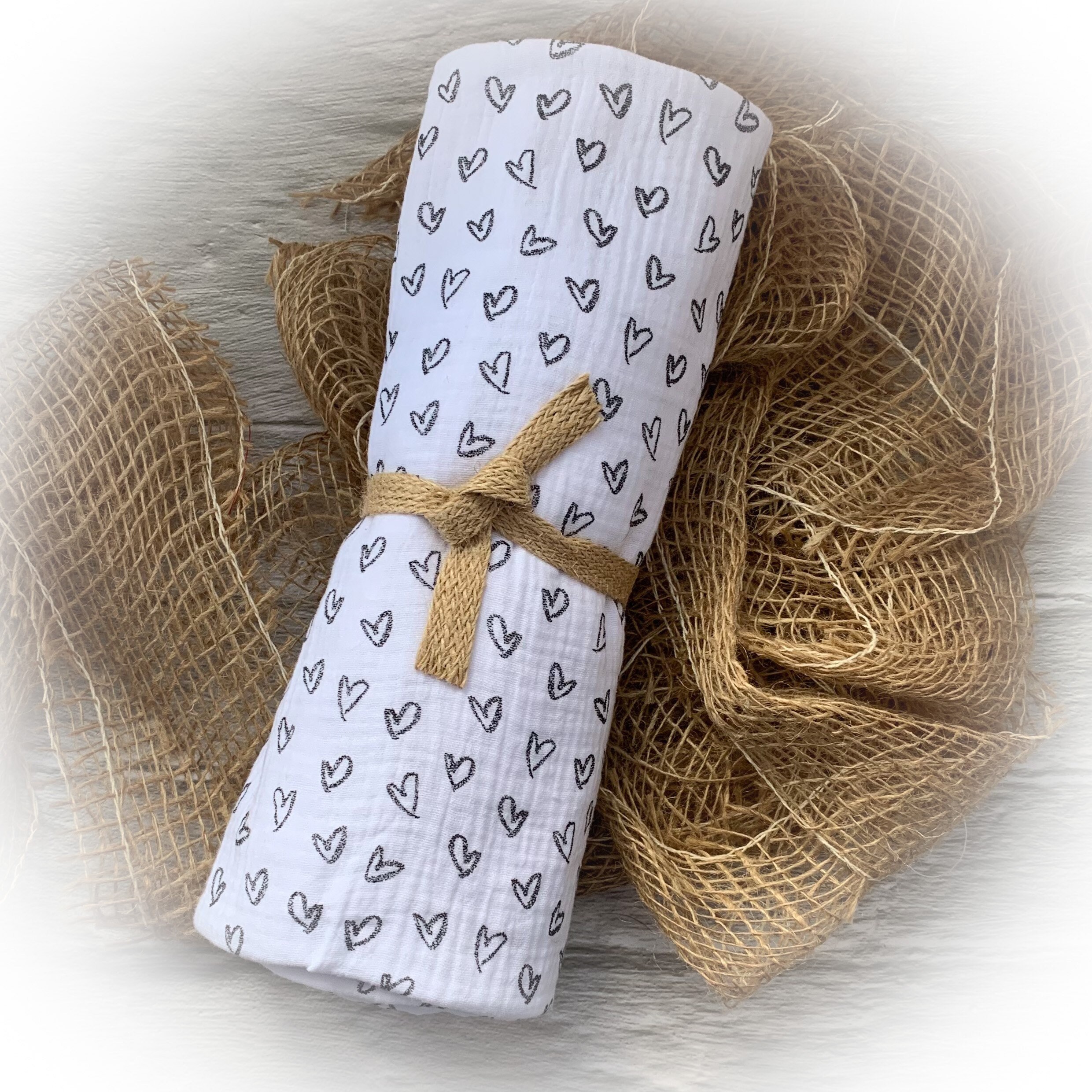 Baby Swaddle Blanket, White, Double Gauze Blanket, Buggy Cover, Nursing Cover, Burp, Baby Gift, New Baby, Tummy Time, Hearts, Sheet