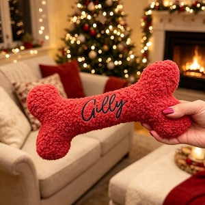 May include: A red bone-shaped plush toy with a textured, curly fleece-like surface. The name Gilly is embroidered in black cursive script across the centre of the toy. The object is held horizontally against a blurred holiday living room setting.