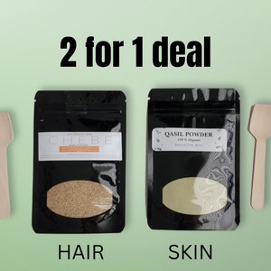 May include: Two black pouches with scoops, one labelled "CHEBE Hair Powder" and the other "QASIL POWDER 100% Organic Sourced from Africa". The pouches are labelled "HAIR" and "SKIN" below them. The text "2 for 1 deal" is at the top of the image.