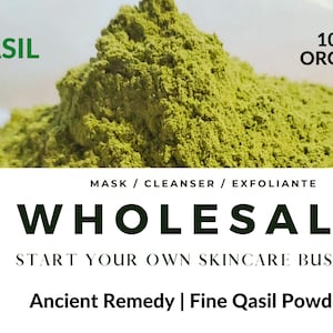 May include: A large pile of green Qasil powder, labeled as 100% organic. The text "S.O.S Siti Organic Skin" is on the left side of the image. The text "MASK / CLEANSER / EXFOLIANTE" is above the text "WHOLESALE". The text "START YOUR OWN SKINCARE BUSINESS" is below the text "WHOLESALE". The text "Ancient Remedy | Fine Qasil Powder" is at the bottom of the image.