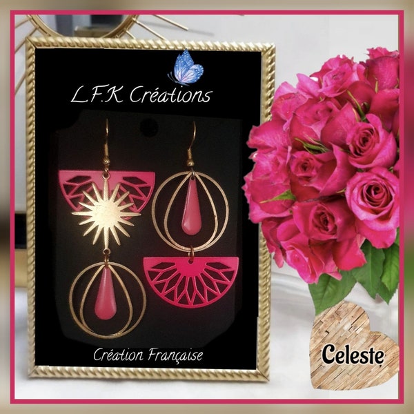 Celeste, boucles d'oreilles dépareillées laiton doré, Breloques émaillées. Fermoirs crochets ou clips acier inoxydable or. Hypoallergénique