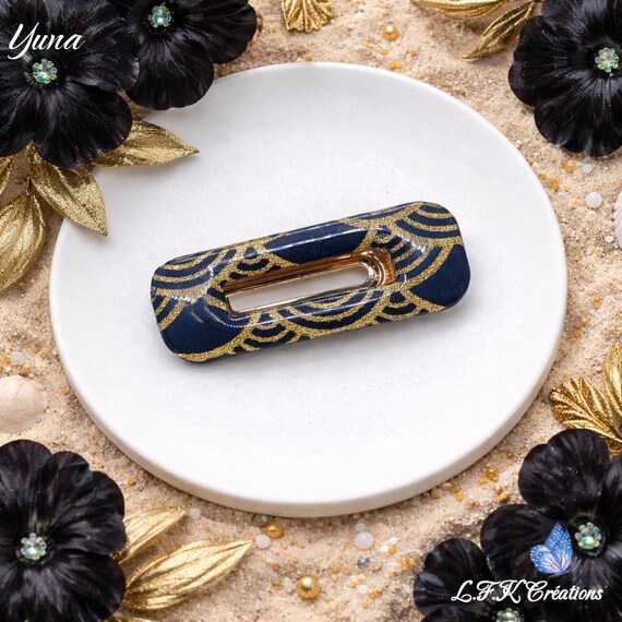 Black and Gold Japanese Fabric Hair Clip, Gold-plated  display picture 2