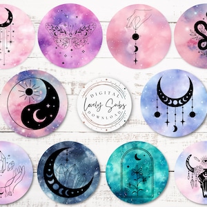 May include: Set of 10 digital printable stickers featuring celestial and mystical designs. The stickers feature a variety of designs, including a crescent moon, a butterfly, a snake, a yin yang symbol, a crystal, a skull, and a flower. The stickers are perfect for adding a touch of magic to your planner, journal, or laptop.