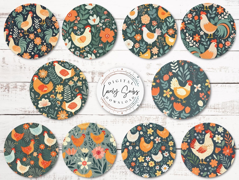 May include: Ten round digital printable stickers featuring a repeating pattern of chickens and flowers on a dark green background. The text "Digital Lovely Subs Download" is on one of the stickers.