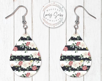 Sublimation Earring Designs PNG, Stripe Floral Teardrop Instant Digital Download, Earring Blanks Design, Printable