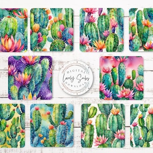 May include: A collection of square coasters featuring watercolor illustrations of cacti with pink, orange, and yellow flowers. The coasters have a white background and are arranged on a white wooden surface. The text "DIGITAL LOVELY SUBS DOWNLOAD" is in a circular design.