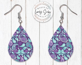 Desenhos de brinco de sublimação PNG, padrão Paisley Teardrop Download digital instantâneo, design de brincos em branco, para impressão