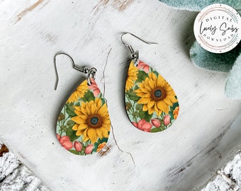 Desenhos de brincos para sublimação em PNG, padrão de flor amarela e cinza em formato de gota, download digital instantâneo, designs de brincos em branco, imprimíveis.