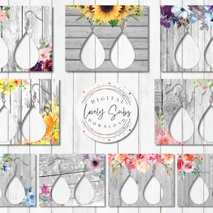 9 Floral Wood Sublimation Teardrop Earring Mockups, Transparent PNG, Product Mockup