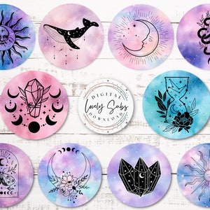 May include: A collection of round watercolor designs featuring celestial and mystical illustrations. Designs include a sun with a face, a whale, a crystal, a crescent moon, a snake, an hourglass, a moth, a floral crescent moon, and a cluster of crystals. The text "DIGITAL LOVELY SUBS DOWNLOAD" is also present.