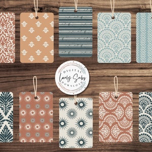 May include: Ten digital printable gift tags with various geometric patterns in shades of blue, brown, and white. The tags have a distressed, vintage look and are perfect for adding a personal touch to gifts.