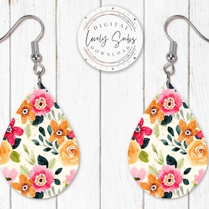 Sublimation Earring Designs PNG, Vintage Floral Teardrop Instant Digital Download, Earring Blanks Design, Printable