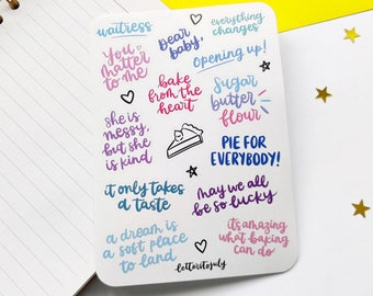 May include: A set of colorful stickers with various baking-themed quotes and illustrations. The stickers feature phrases like "You matter to me", "Pie for everybody!" and "It's amazing what baking can do".