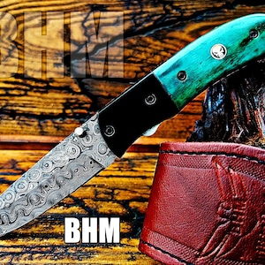 BHM-141&quot;Precious Gift Series&quot;Quality Damascus Handmade Folding Knife With Stained Bone,Raindrop damascus,Titanium Bolster& Built to Outlast