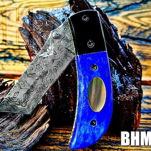BHM-159&quot;Precious Gift Series&quot; True Damascus Handmade Tanto Folding Knife With S.Bone,Ram Horn,Raindrop, Titanium Bolster & Built to Outlast