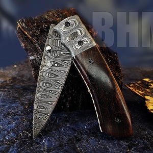 BHM-344 &quot;Precious Gift Series&quot; Quality Damascus Handmade 3.5&quot; Folding Knife With Rose Wood,Ladder Pt,Pocket Clip,Liner Lock&Built to Outlast