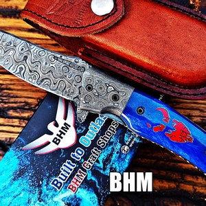 BHM-126&quot;Precious Gift Series&quot; True Damascus Handmade Folding Knife With Stained Bone,Raindrop Ptrn,Liner,Exquisite Carving& Built to Outlast