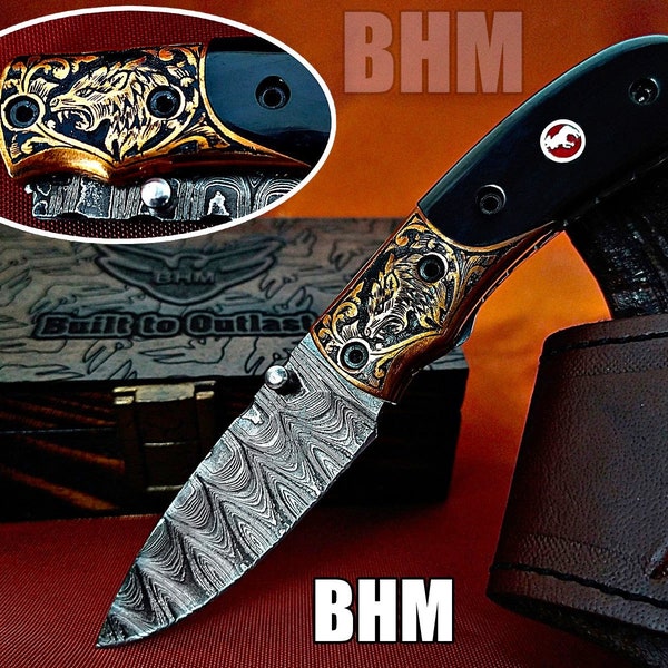 BHM-2136 "Executive+ Gift Series" Quality Damascus Handmade Folding 2.75" Blade Knife With Unequaled Wild Wolf Theme Hand Carved Handle Work