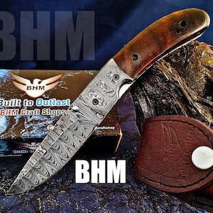 BHM-353 &quot;Precious Gift Series&quot; Quality Damascus Handmade 3.5&quot; Folding Knife With Rose Wood,Ladder Pt,Pocket Clip,Liner Lock&Built to Outlast