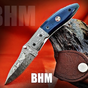 BHM-321&quot;Precious Gift Series&quot; Quality Damascus Handmade 3&quot;Blade Folding Knife With Stained Bone,Ladder,Pocket Clip,Liner Lk&Built to Outlast