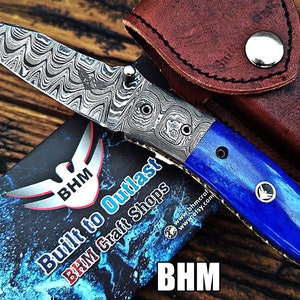 BHM-103&quot;Precious Gift Series&quot; Quality Damascus Handmade 3&quot;Blade Folding Knife With Stained Bone,Ladder,Pocket Clip,Liner Lk&Built to Outlast